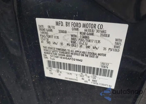 2010 Ford F-150 Stx/Xl/Xlt from USA, damaged, VIN 1FTMF1EW5AFD21842